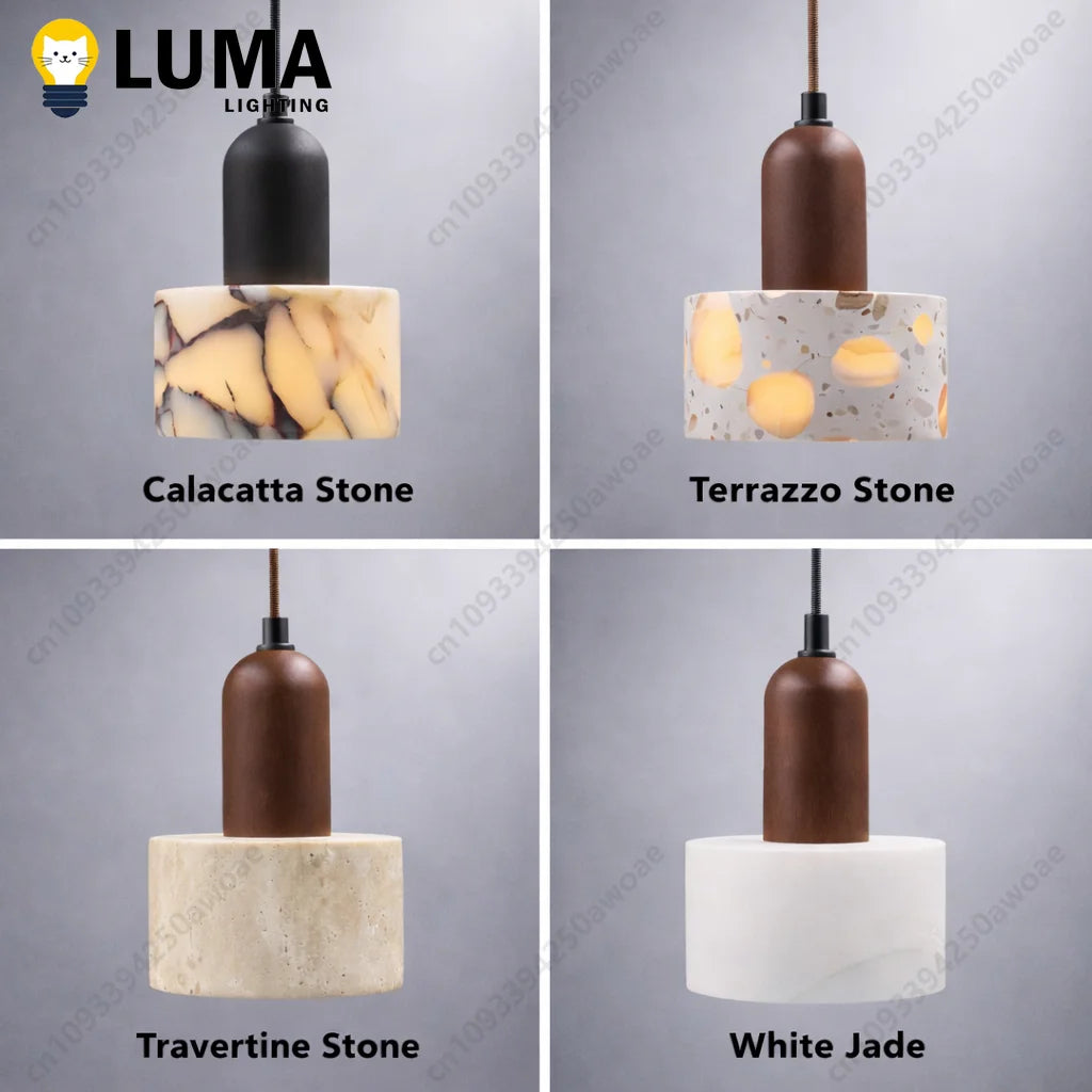 Modern Natural Stone Pendant Light, Travertine/Marble/Terrazzo/Calacatta Stone Hanging Lamp for Kitchen Island Bedroom Bedside