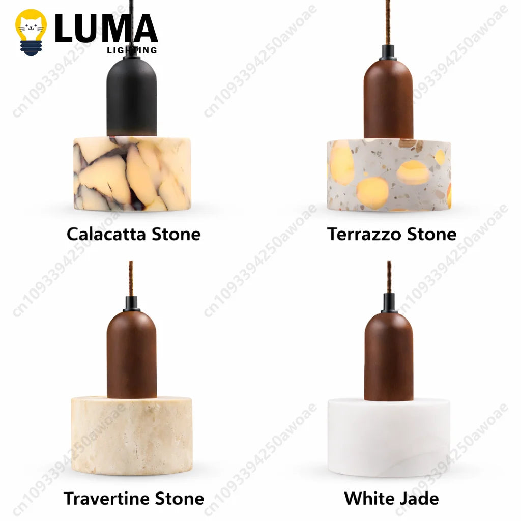 Modern Natural Stone Pendant Light, Travertine/Marble/Terrazzo/Calacatta Stone Hanging Lamp for Kitchen Island Bedroom Bedside