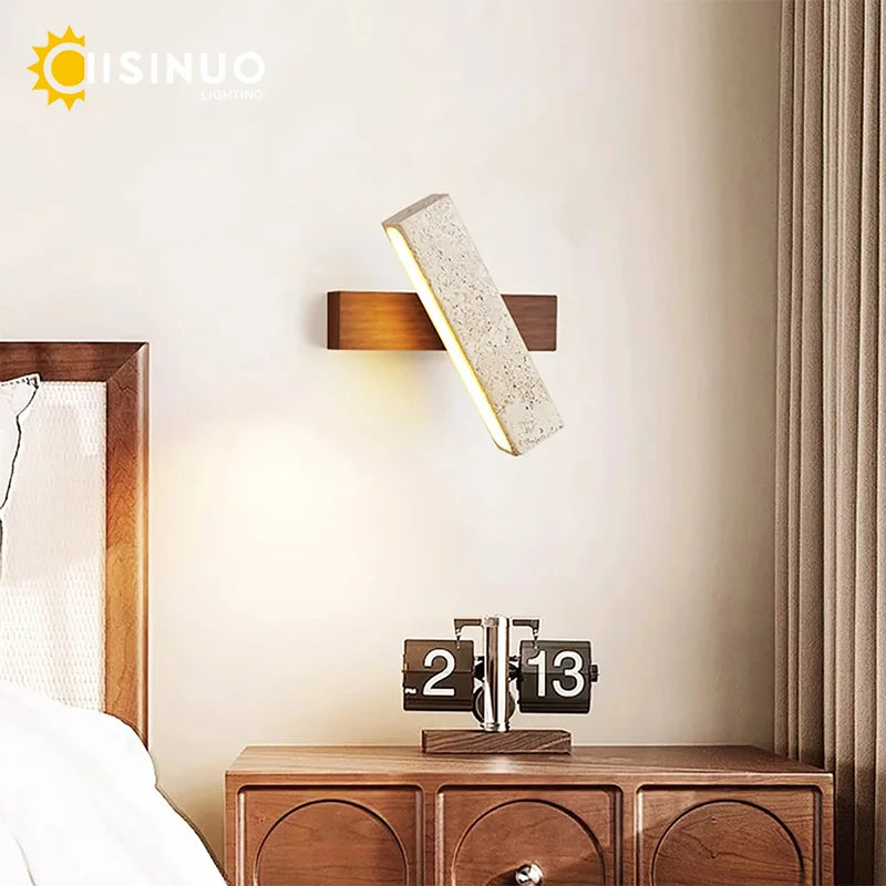 Wabi-Sabi Yellow Travertine Stone Wall Light Rotable With Pull Chain Switch LED Wood Decor Stone Lamp for Bedside Corridor Foyer