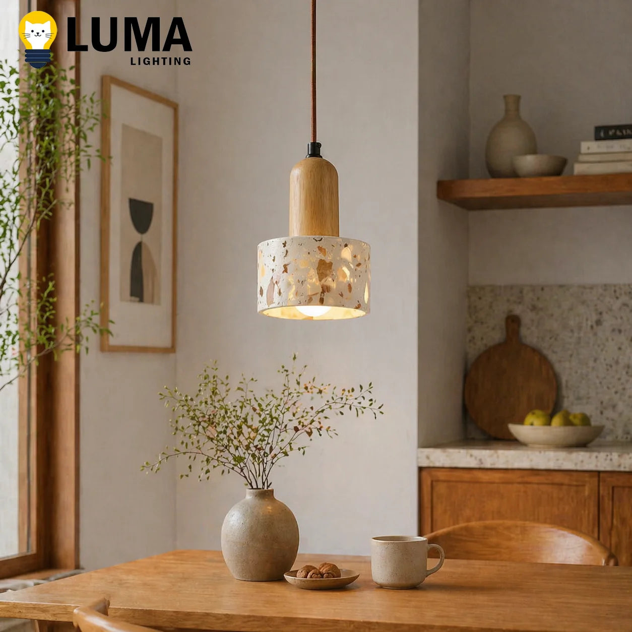 Modern Natural Stone Pendant Light, Travertine/Marble/Terrazzo/Calacatta Stone Hanging Lamp for Kitchen Island Bedroom Bedside