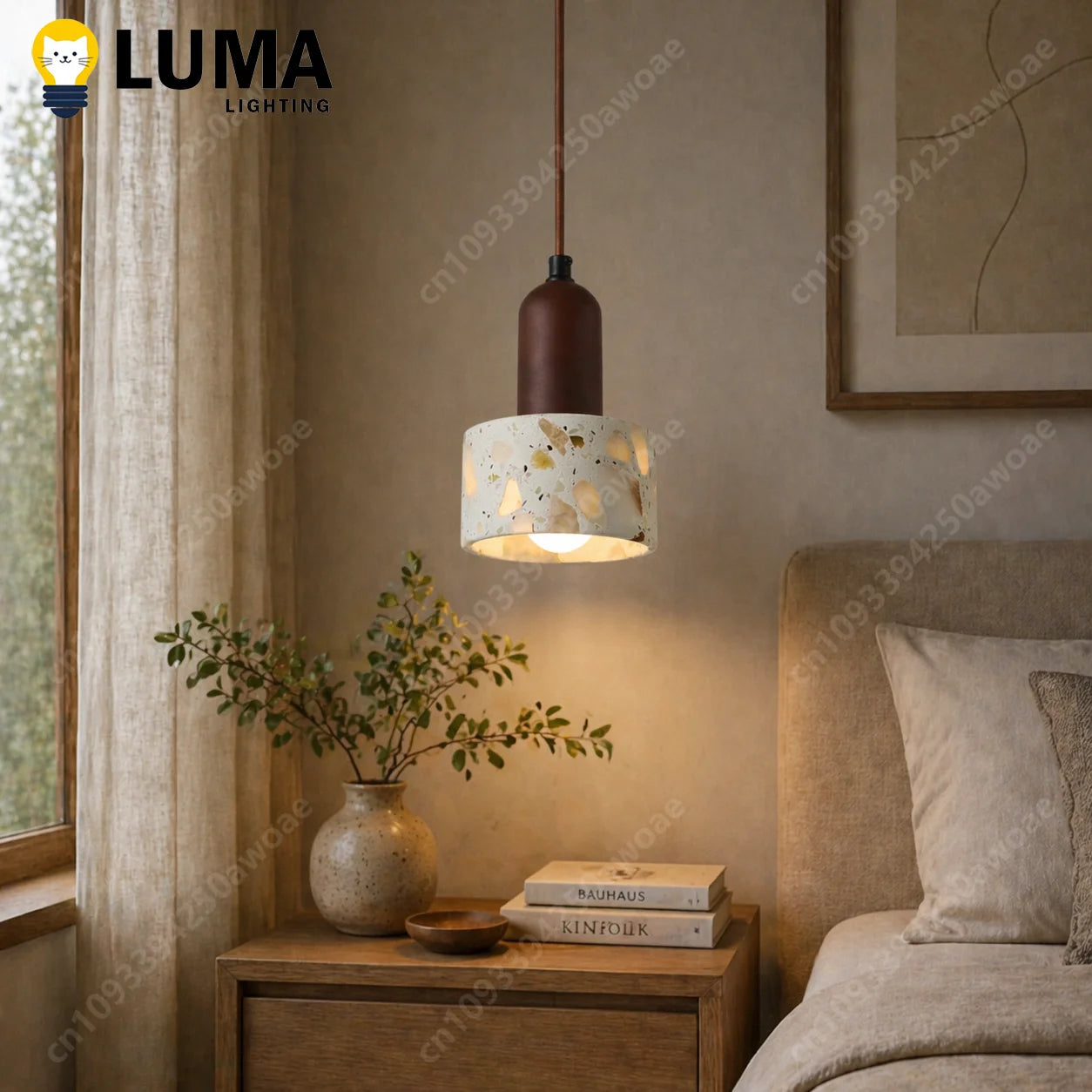 Modern Natural Stone Pendant Light, Travertine/Marble/Terrazzo/Calacatta Stone Hanging Lamp for Kitchen Island Bedroom Bedside
