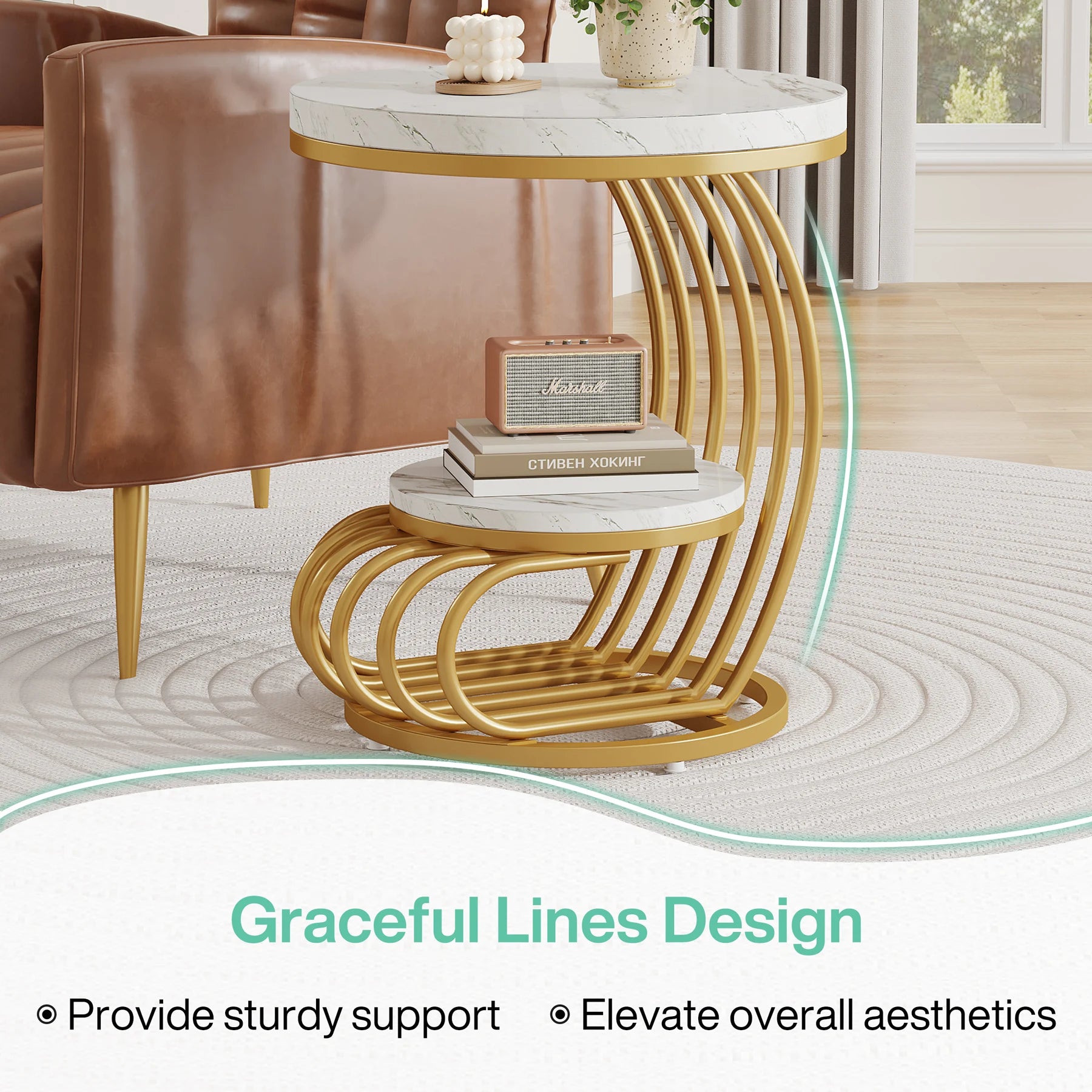 Tribesigns Gold Round End Table: 2 Tiers Faux Marble Side Table with Storage Shelf, Modern White Gold Bedside Nightstand Brielle & Oak