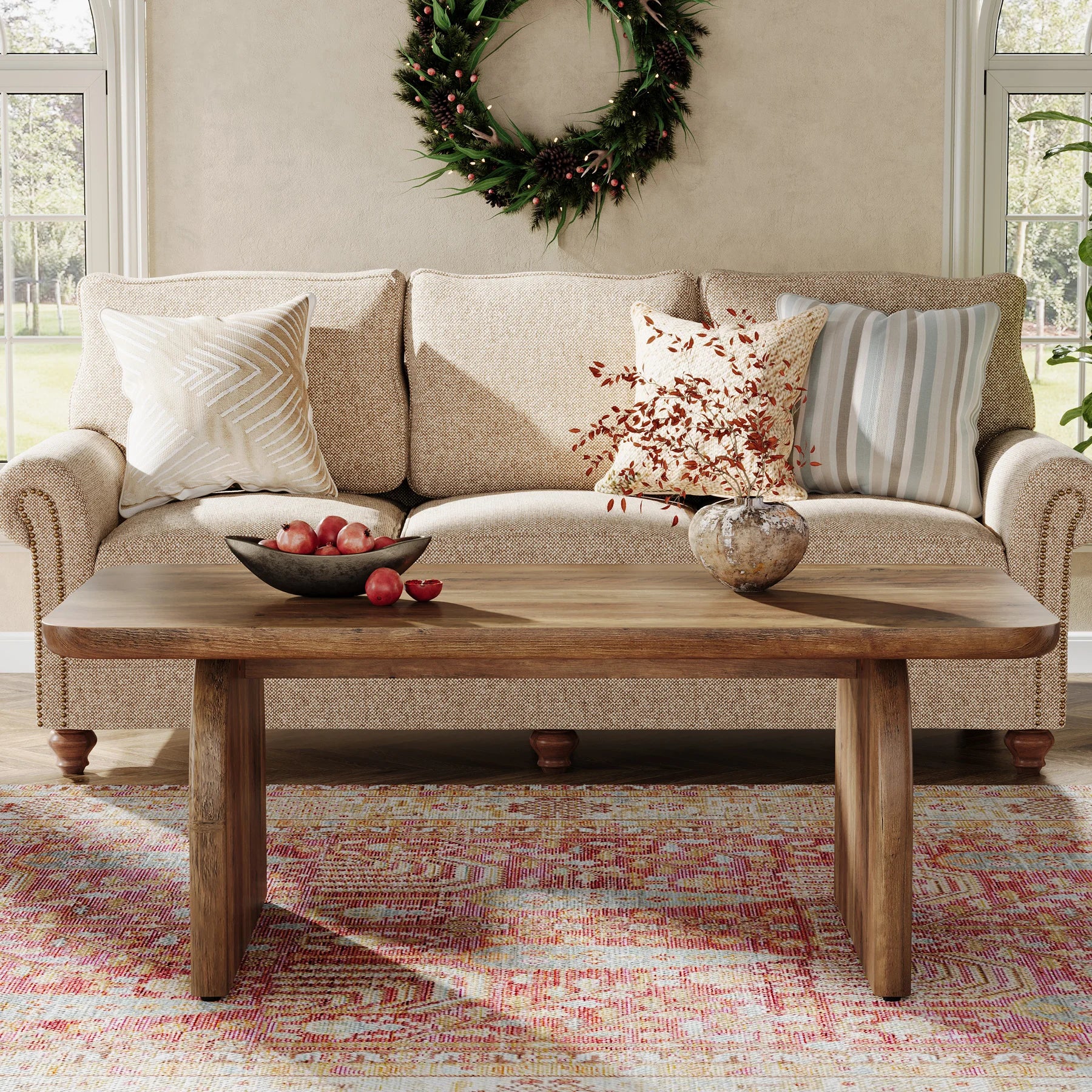 Tribesigns Farmhouse Rectangular Coffee Table, 47.24-Inch Engineered Wood Center Cocktail Tea Table with Sturdy Base Brielle & Oak