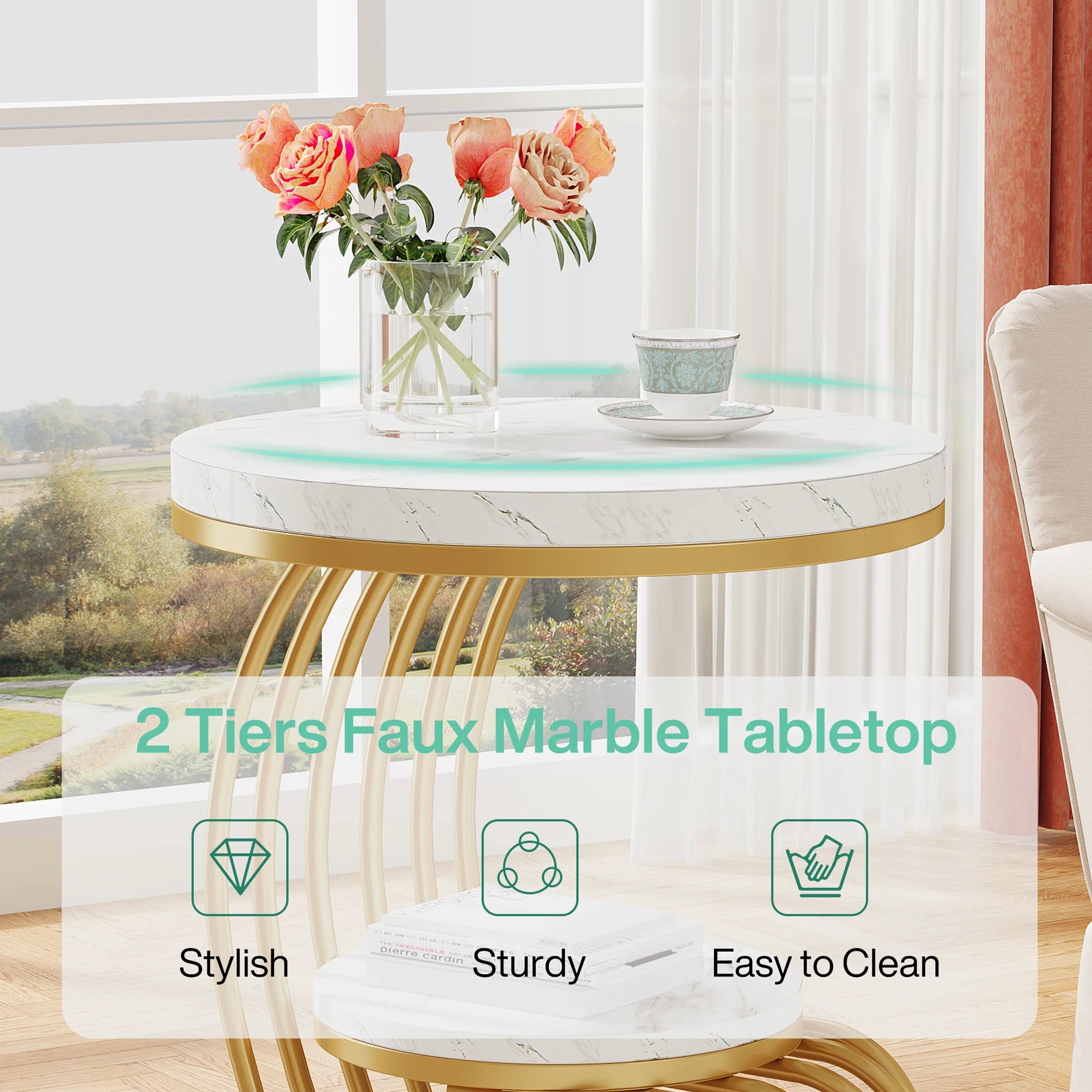 Tribesigns Gold Round End Table: 2 Tiers Faux Marble Side Table with Storage Shelf, Modern White Gold Bedside Nightstand Brielle & Oak