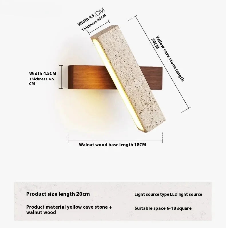 Wabi-Sabi Yellow Travertine Stone Wall Light Rotable With Pull Chain Switch LED Wood Decor Stone Lamp for Bedside Corridor Foyer