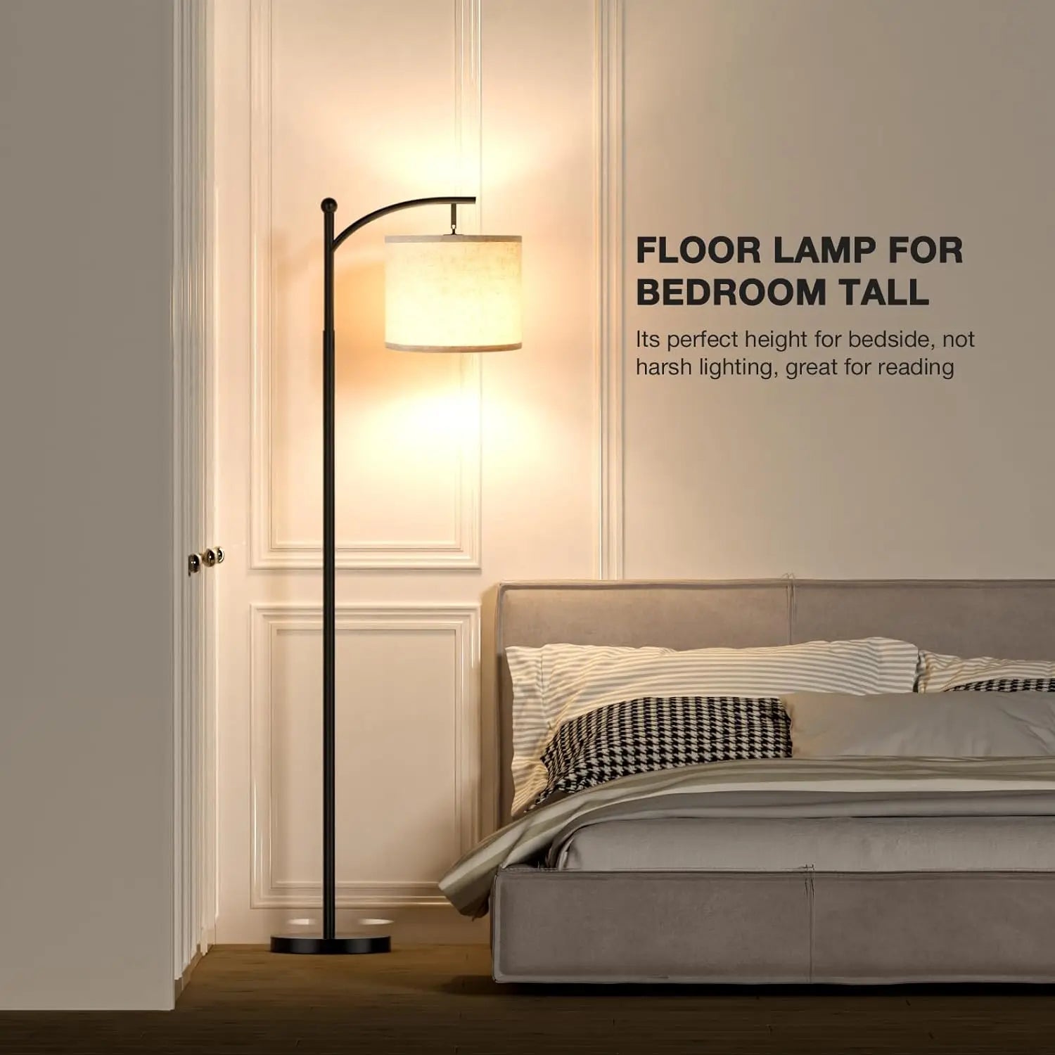 Modern Arc Floor Lamp with Adjustable Linen Shade | 3 Color Dimmable LED Standing Light for Living Room Bedroom & Office Decor