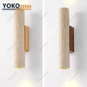 Wabi Sabi  Natural Travertine E27 Wall Lamp, Log & Walnut Wood Wall Light for Bedroom Bedside Staircase Living Room Home Decor