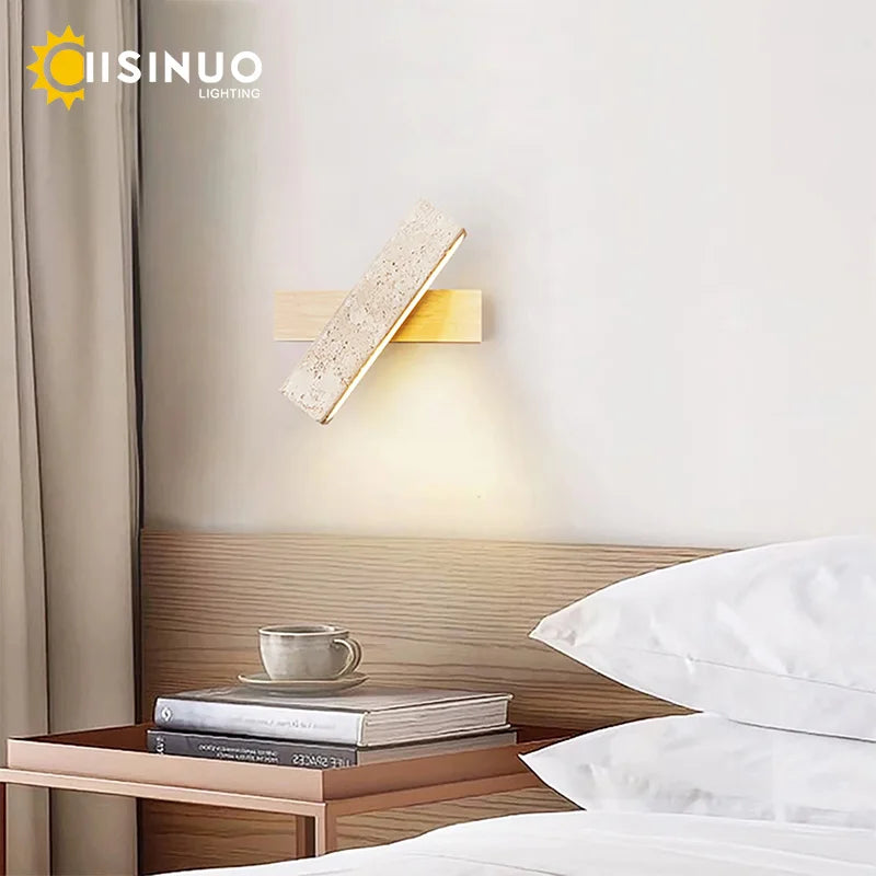 Wabi-Sabi Yellow Travertine Stone Wall Light Rotable With Pull Chain Switch LED Wood Decor Stone Lamp for Bedside Corridor Foyer