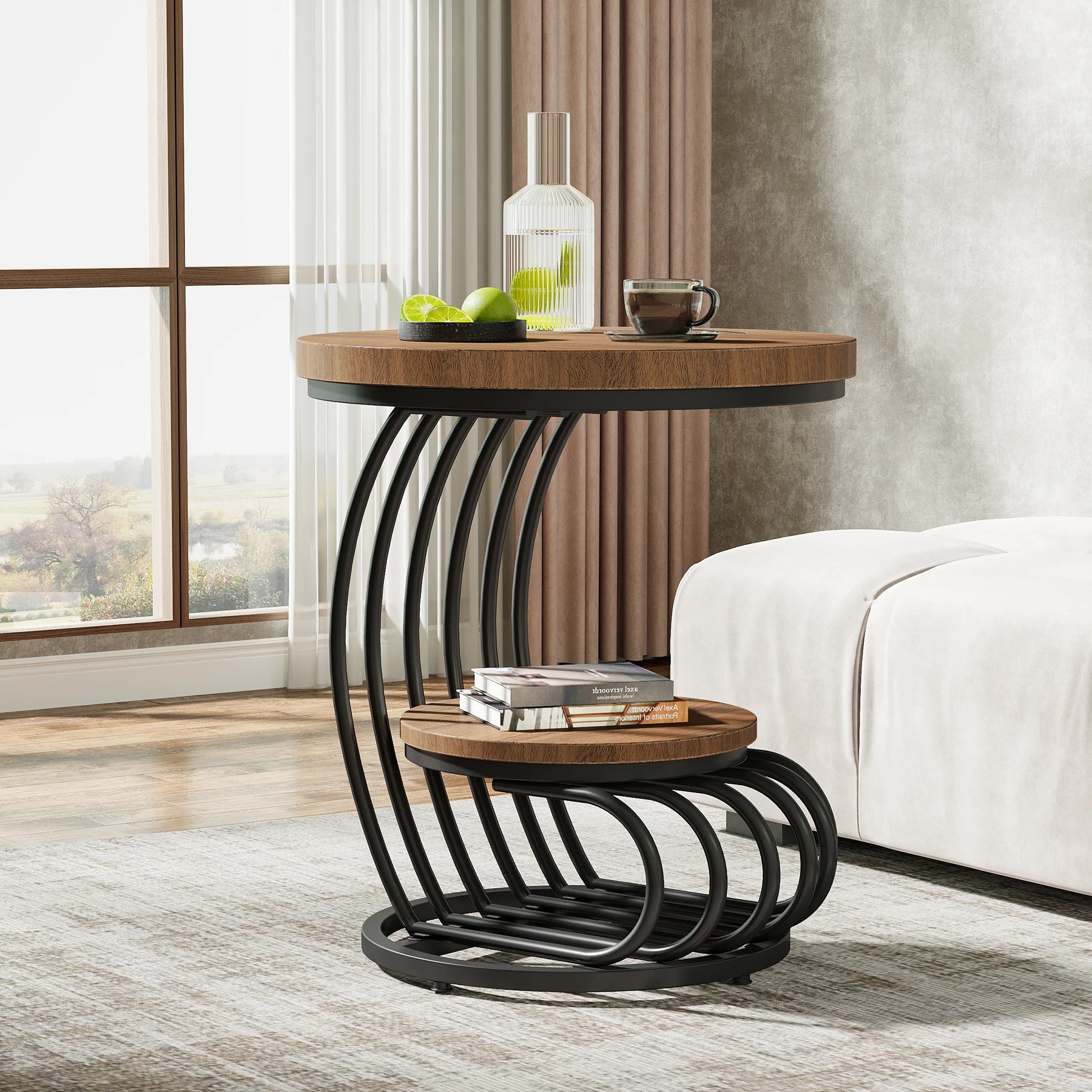 Tribesigns Gold Round End Table: 2 Tiers Faux Marble Side Table with Storage Shelf, Modern White Gold Bedside Nightstand Brielle & Oak