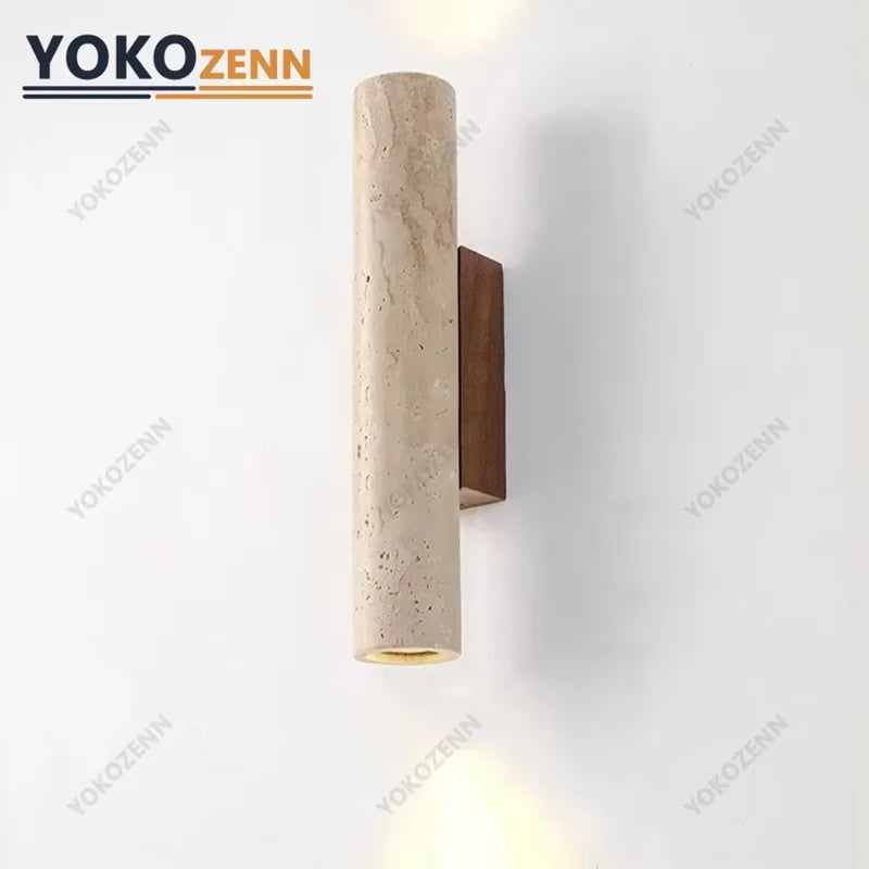 Wabi Sabi  Natural Travertine E27 Wall Lamp, Log & Walnut Wood Wall Light for Bedroom Bedside Staircase Living Room Home Decor