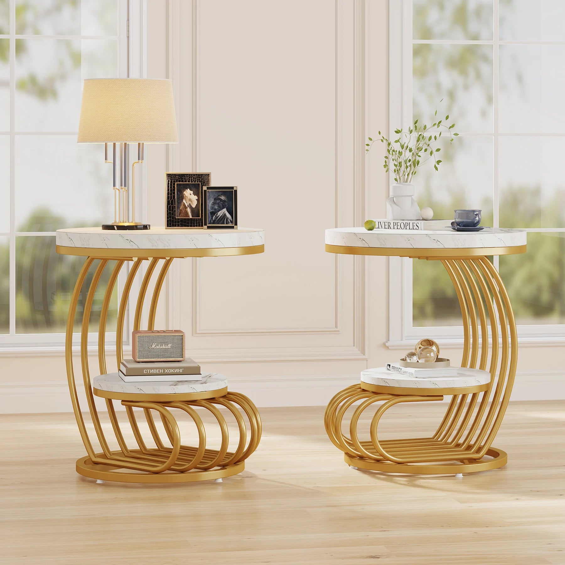 Tribesigns Gold Round End Table: 2 Tiers Faux Marble Side Table with Storage Shelf, Modern White Gold Bedside Nightstand Brielle & Oak