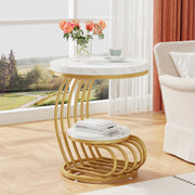 Tribesigns Gold Round End Table: 2 Tiers Faux Marble Side Table with Storage Shelf, Modern White Gold Bedside Nightstand Brielle & Oak