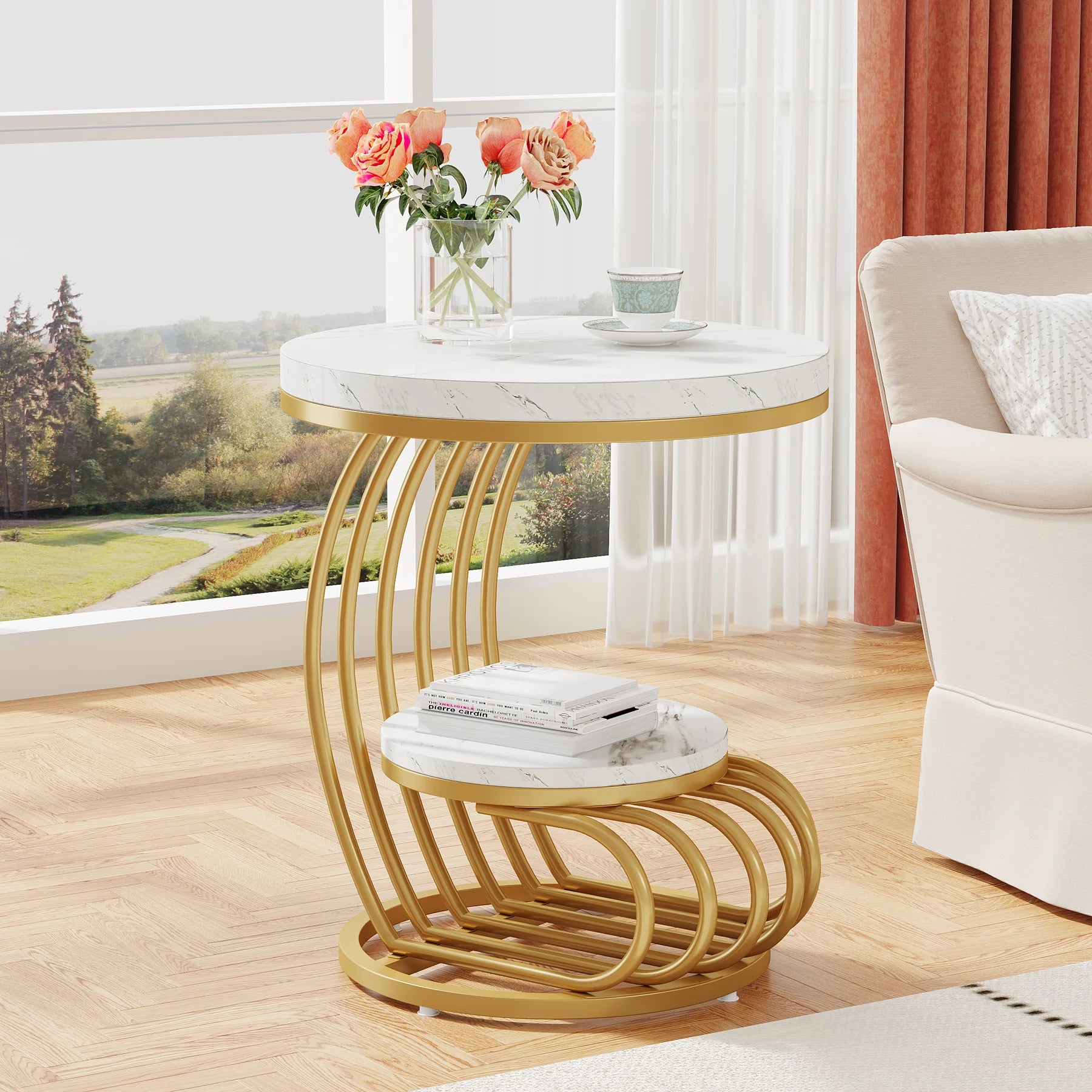 Tribesigns Gold Round End Table: 2 Tiers Faux Marble Side Table with Storage Shelf, Modern White Gold Bedside Nightstand Brielle & Oak