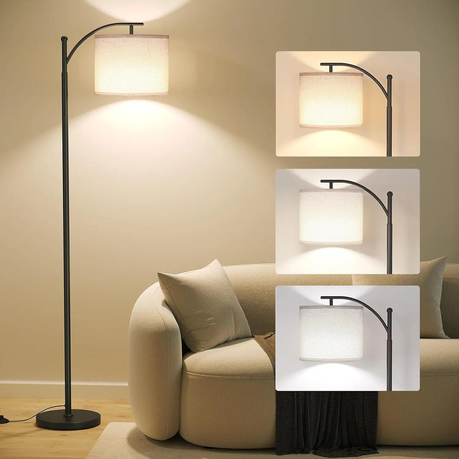 Modern Arc Floor Lamp with Adjustable Linen Shade | 3 Color Dimmable LED Standing Light for Living Room Bedroom & Office Decor