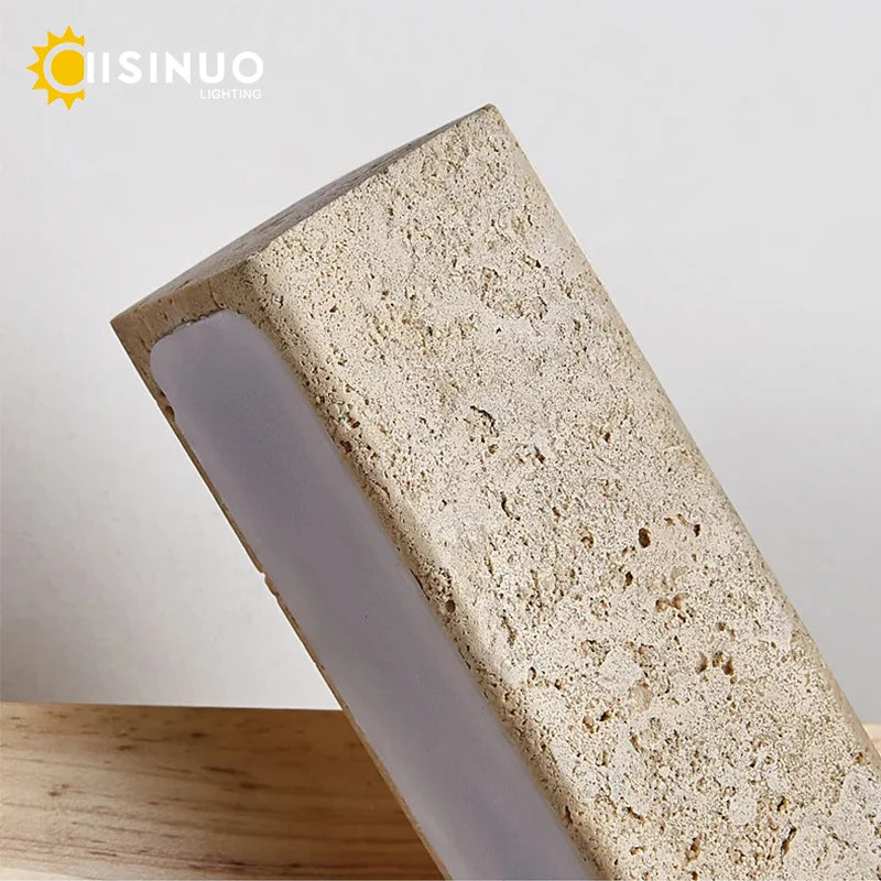 Wabi-Sabi Yellow Travertine Stone Wall Light Rotable With Pull Chain Switch LED Wood Decor Stone Lamp for Bedside Corridor Foyer