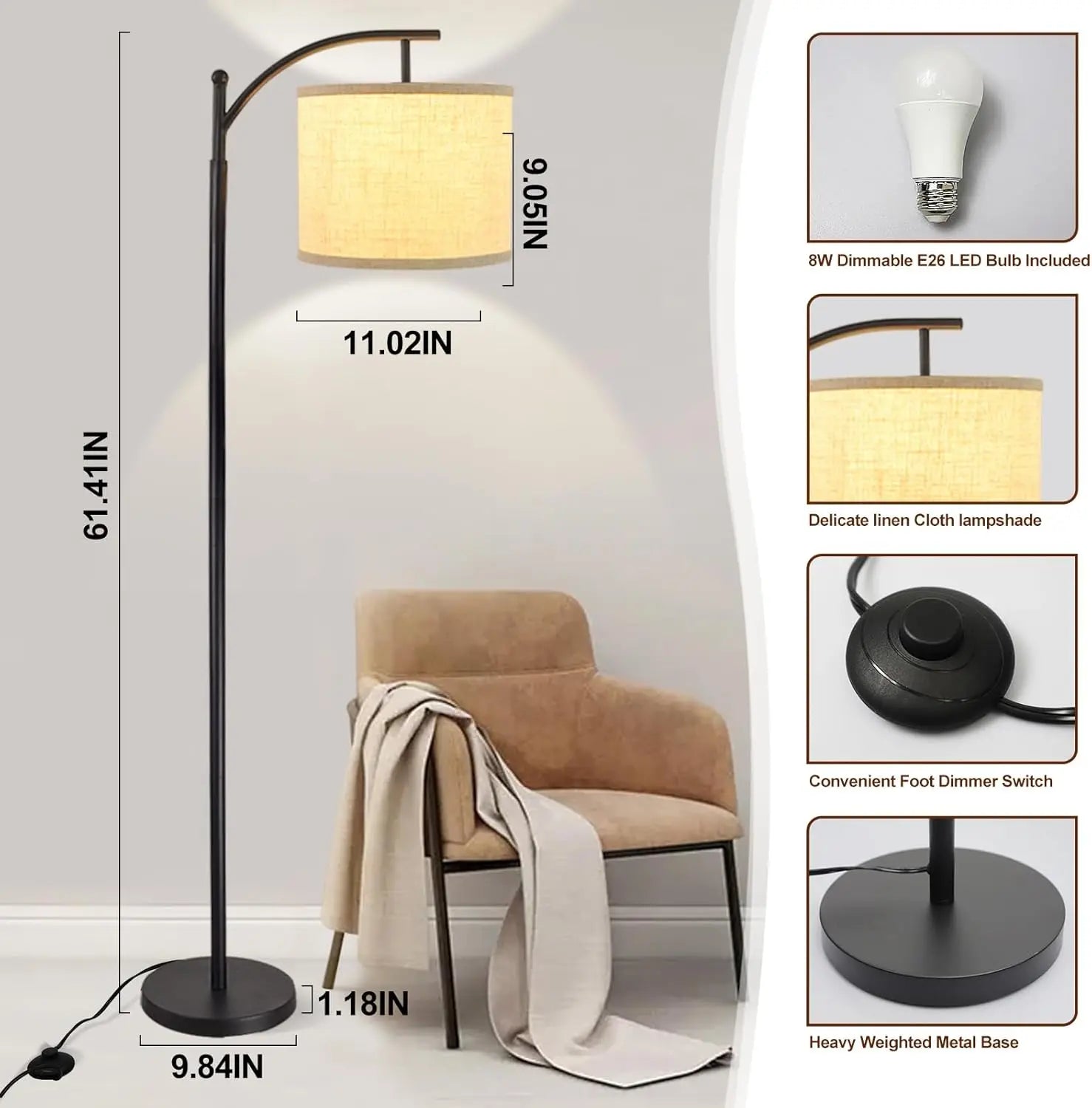 Modern Arc Floor Lamp with Adjustable Linen Shade | 3 Color Dimmable LED Standing Light for Living Room Bedroom & Office Decor