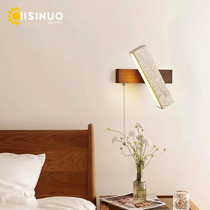 Wabi-Sabi Yellow Travertine Stone Wall Light Rotable With Pull Chain Switch LED Wood Decor Stone Lamp for Bedside Corridor Foyer