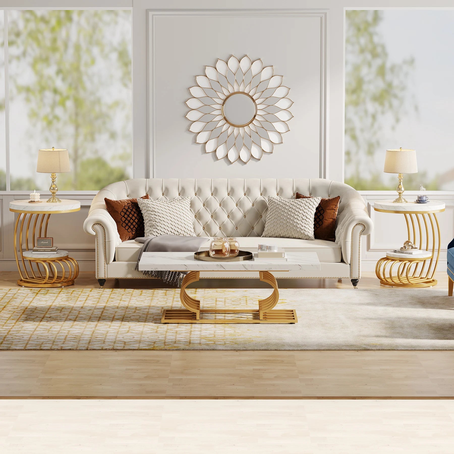 Tribesigns Gold Round End Table: 2 Tiers Faux Marble Side Table with Storage Shelf, Modern White Gold Bedside Nightstand Brielle & Oak