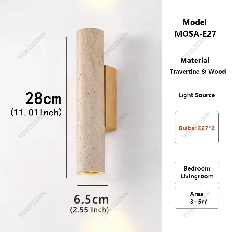 Wabi Sabi  Natural Travertine E27 Wall Lamp, Log & Walnut Wood Wall Light for Bedroom Bedside Staircase Living Room Home Decor