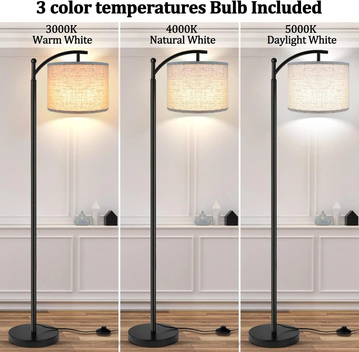 Modern Arc Floor Lamp with Adjustable Linen Shade | 3 Color Dimmable LED Standing Light for Living Room Bedroom & Office Decor