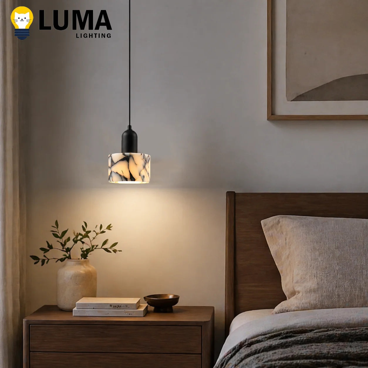 Modern Natural Stone Pendant Light, Travertine/Marble/Terrazzo/Calacatta Stone Hanging Lamp for Kitchen Island Bedroom Bedside