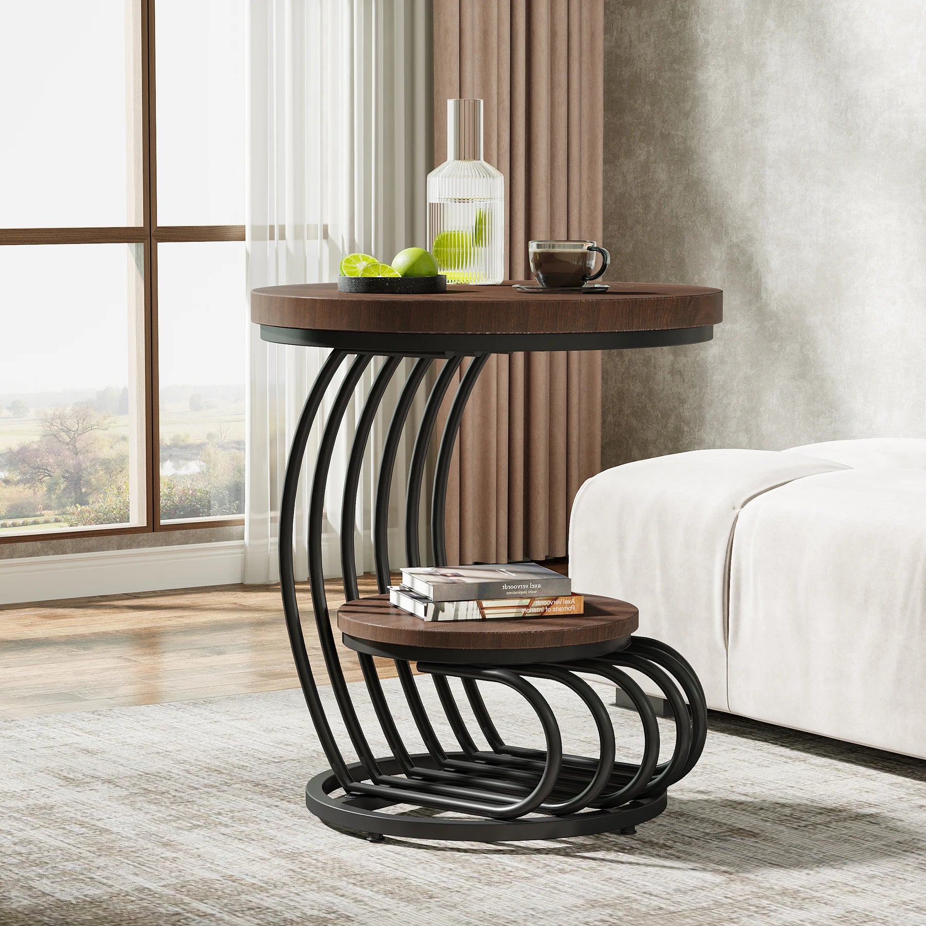 Tribesigns Gold Round End Table: 2 Tiers Faux Marble Side Table with Storage Shelf, Modern White Gold Bedside Nightstand Brielle & Oak