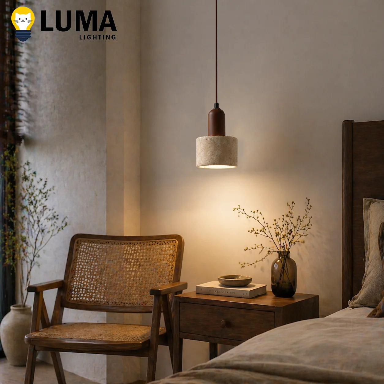 Modern Natural Stone Pendant Light, Travertine/Marble/Terrazzo/Calacatta Stone Hanging Lamp for Kitchen Island Bedroom Bedside