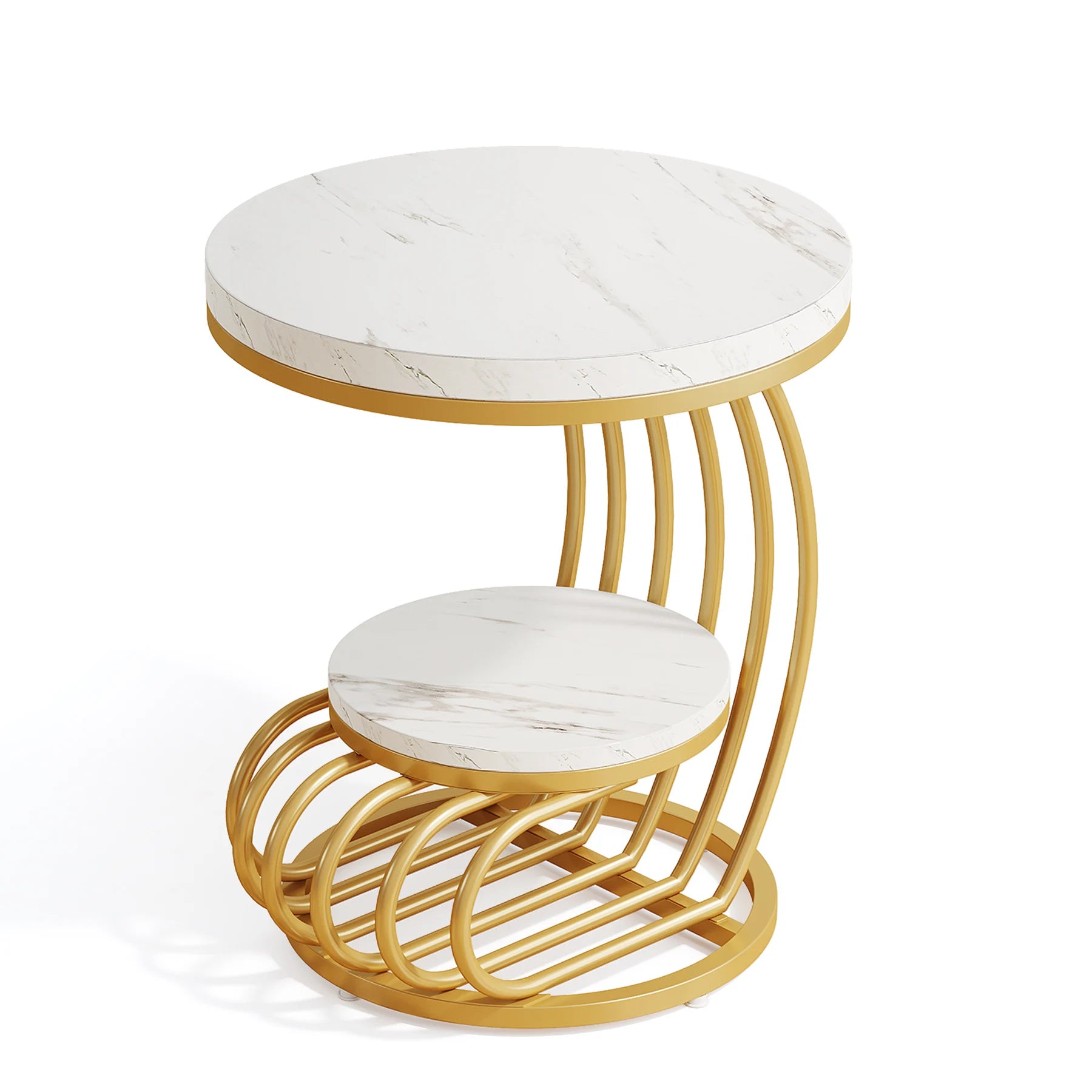 Tribesigns Gold Round End Table: 2 Tiers Faux Marble Side Table with Storage Shelf, Modern White Gold Bedside Nightstand Brielle & Oak