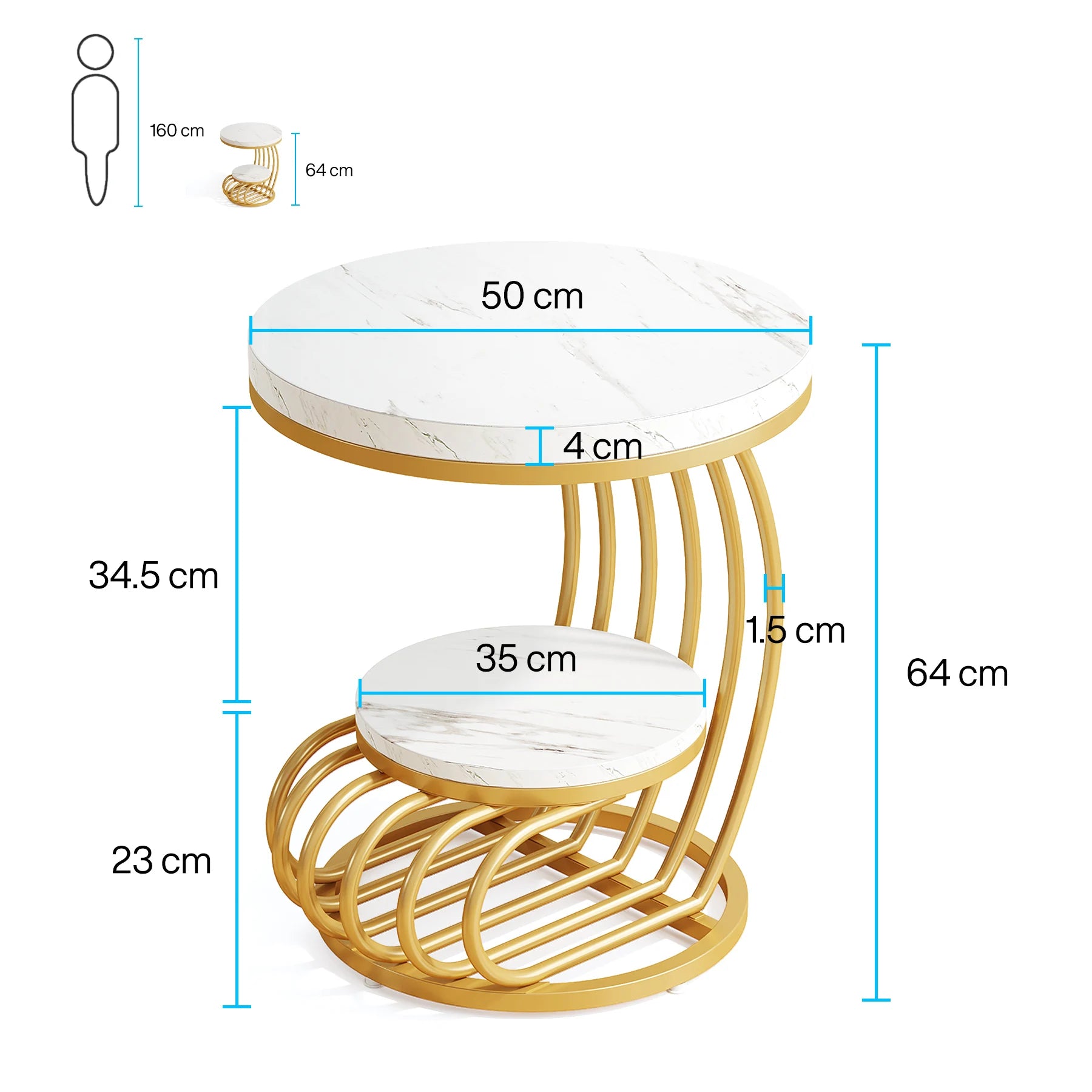 Tribesigns Gold Round End Table: 2 Tiers Faux Marble Side Table with Storage Shelf, Modern White Gold Bedside Nightstand Brielle & Oak