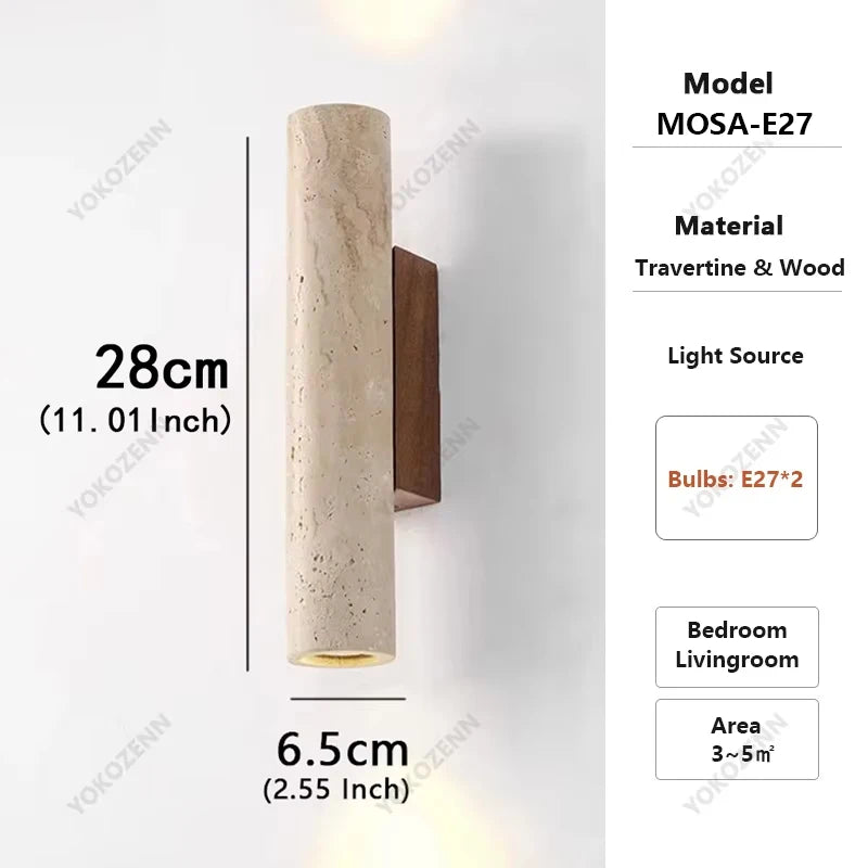 Wabi Sabi  Natural Travertine E27 Wall Lamp, Log & Walnut Wood Wall Light for Bedroom Bedside Staircase Living Room Home Decor