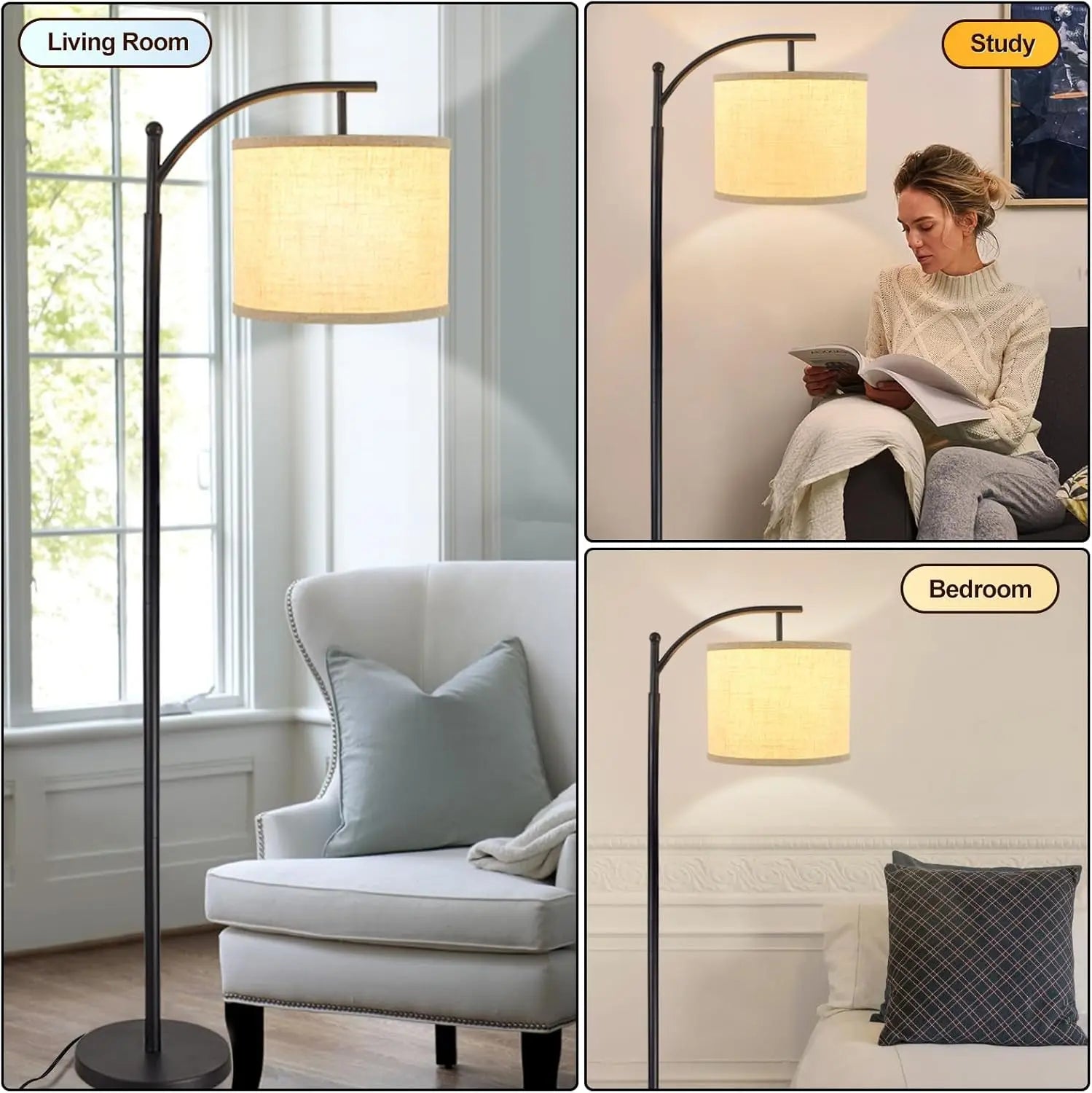 Modern Arc Floor Lamp with Adjustable Linen Shade | 3 Color Dimmable LED Standing Light for Living Room Bedroom & Office Decor