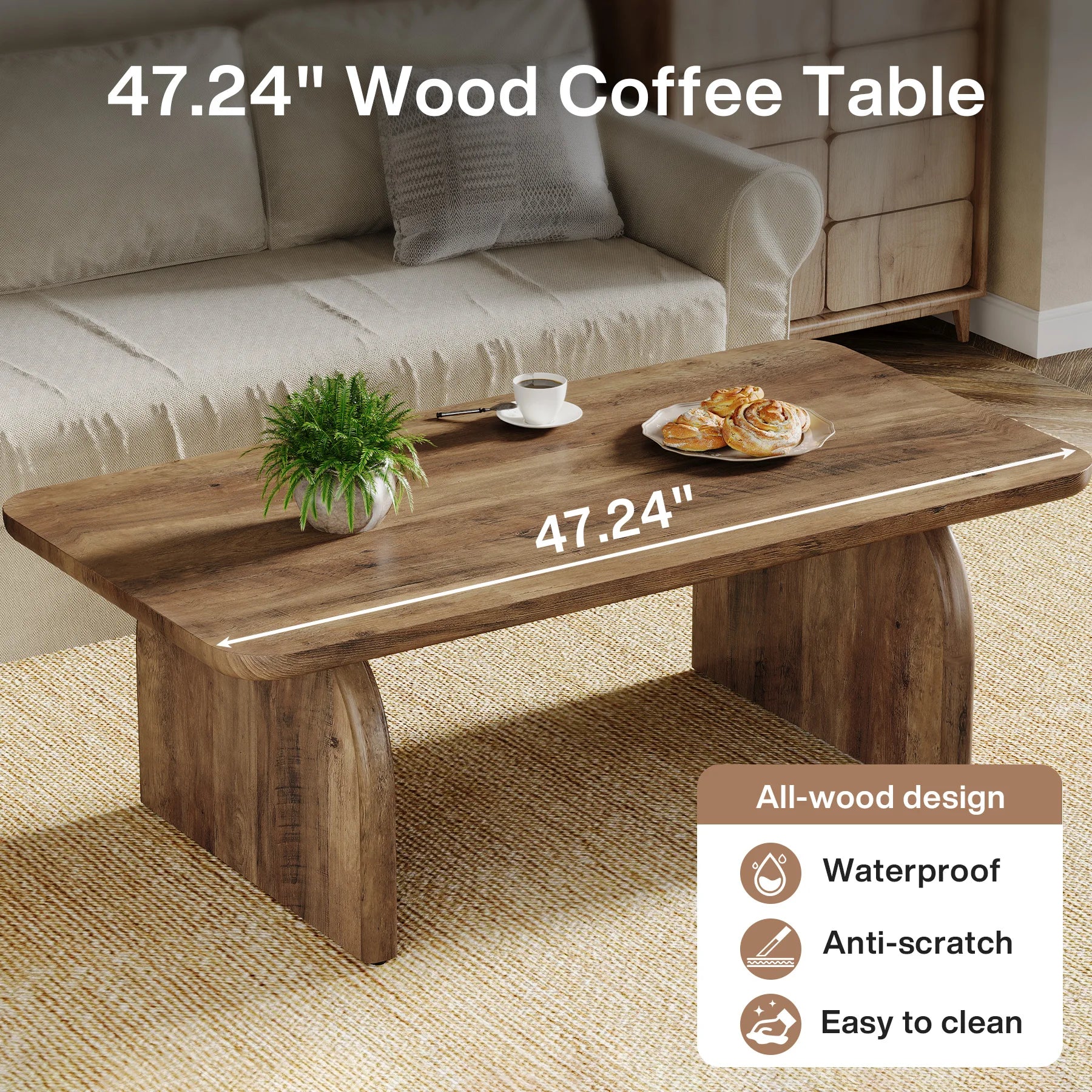 Tribesigns Farmhouse Rectangular Coffee Table, 47.24-Inch Engineered Wood Center Cocktail Tea Table with Sturdy Base Brielle & Oak
