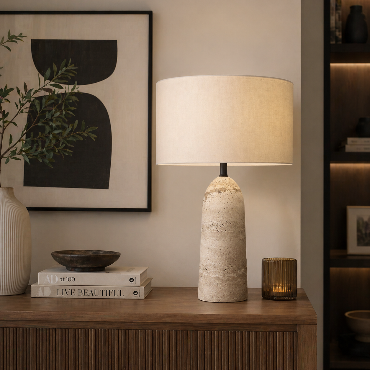 Travertine Table Lamp with Fabric Shade for Bedroom & Living Room