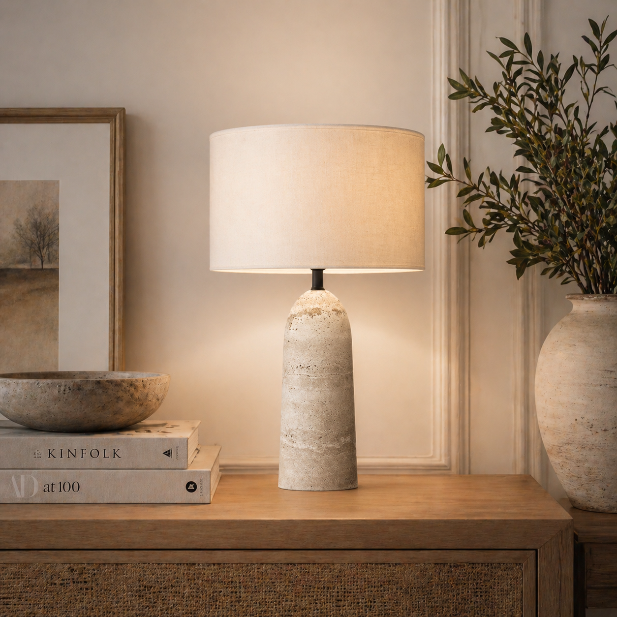 Travertine Table Lamp with Fabric Shade for Bedroom & Living Room