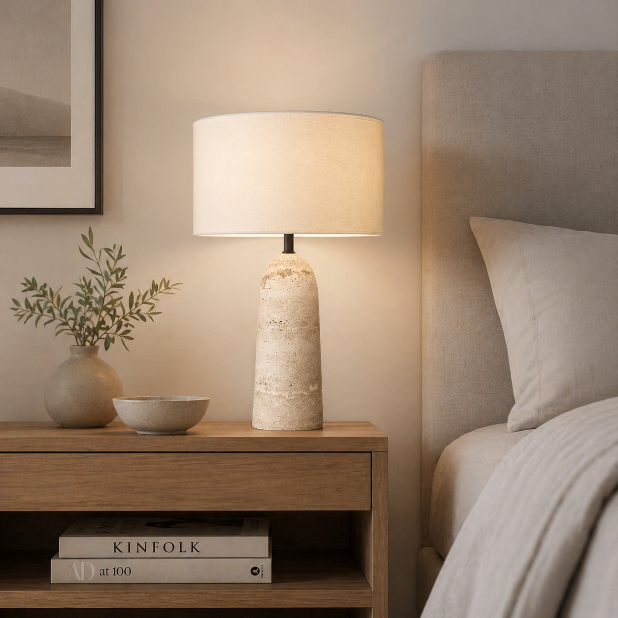 Travertine Table Lamp with Fabric Shade for Bedroom & Living Room