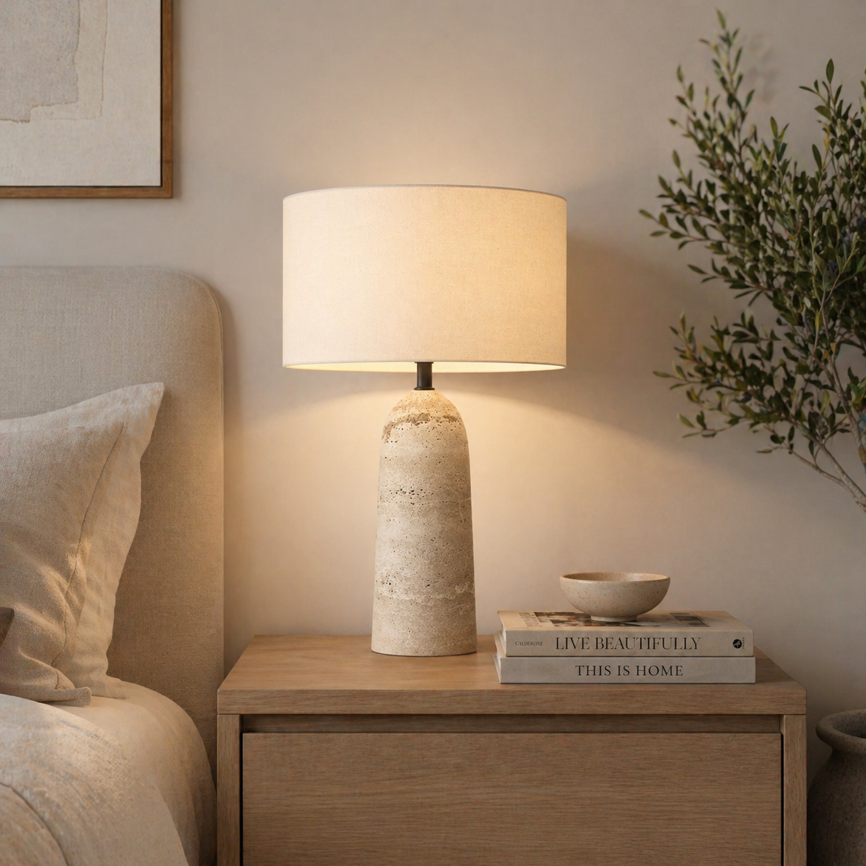 Travertine Table Lamp with Fabric Shade for Bedroom & Living Room